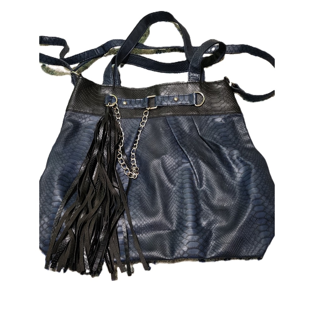 Giannini Navy Blue Black Faux Snakeskin Tassel Tote Hobo Bag Chain Detail